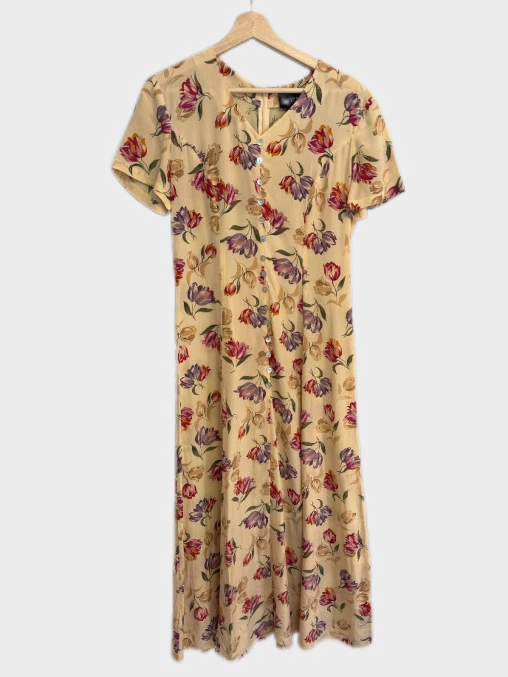 August Silk Vintage Butter Yellow 100% Silk Tulip Floral Dress Size 6